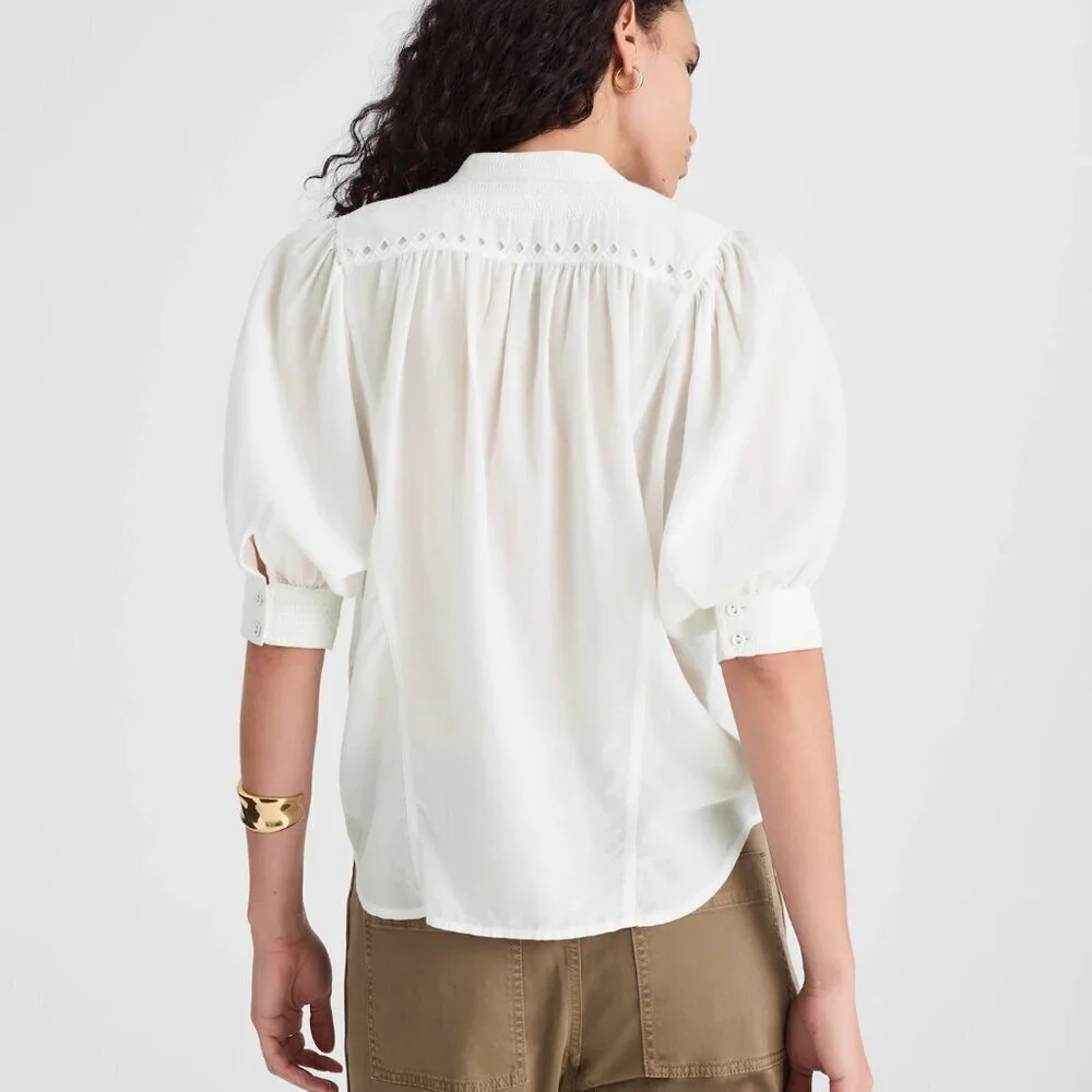 Madewell Puff-Sleeve Band-Collar Lightweight Shirt White Size 10/L NWT